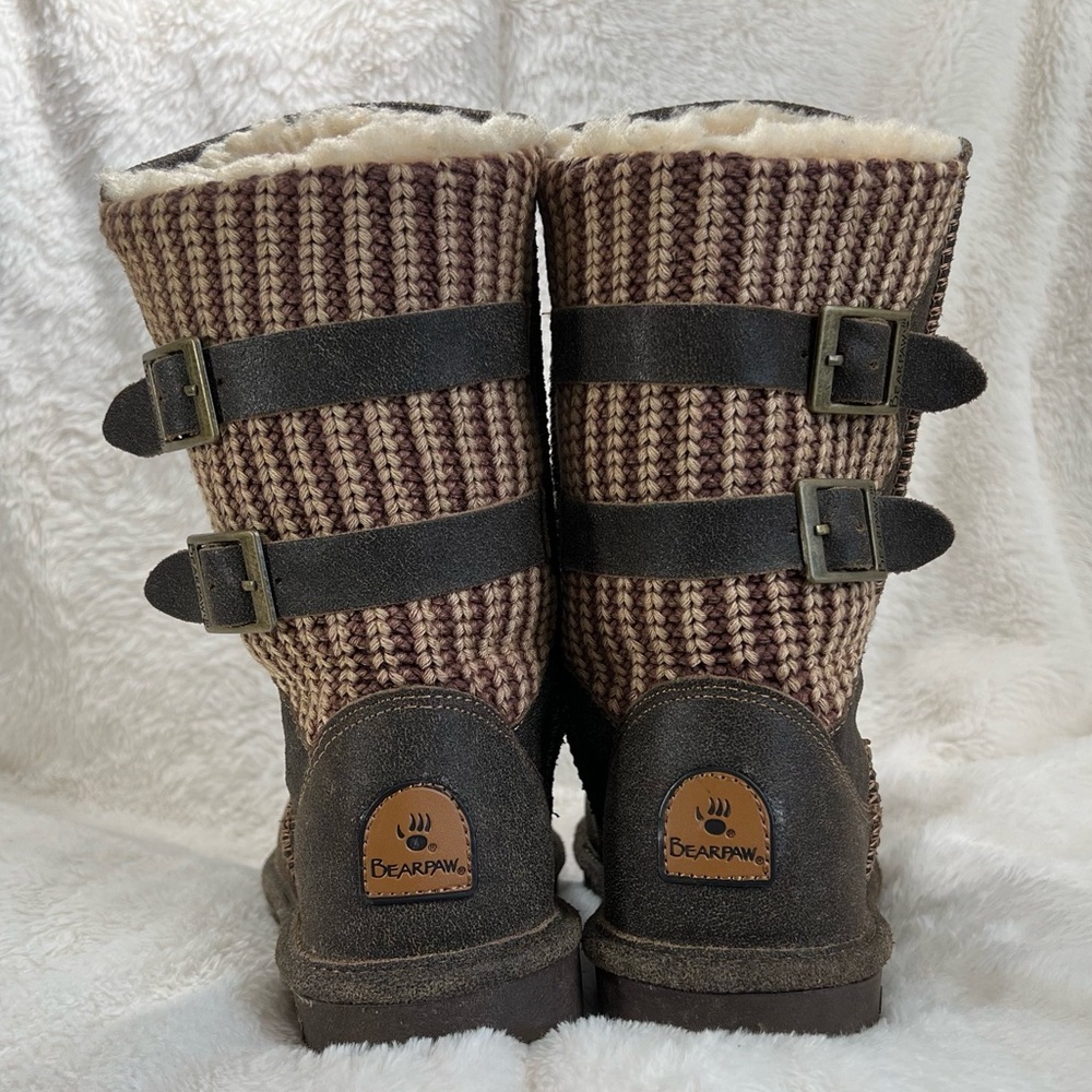 BearPaw Boshie Chestnut Distressed Knit and Suede Boots (Size 8)